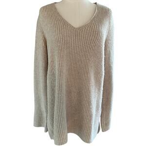 J Jill Beige Ribbed Knit Sweater Women Small V Neck Wool Blend Neutral Fall Chic